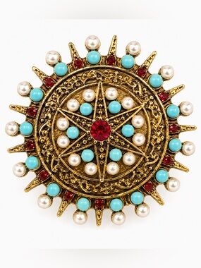 Gold-Tone Sunburst Statement Brooch with Turquoise, Pearl & Red Accents